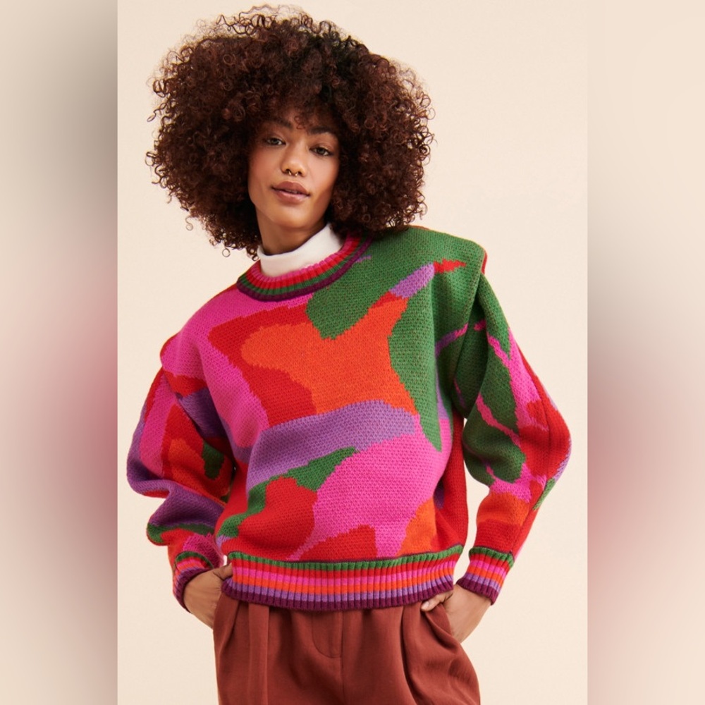 Colorblock Crewneck Sweater - Pink, Red & Green